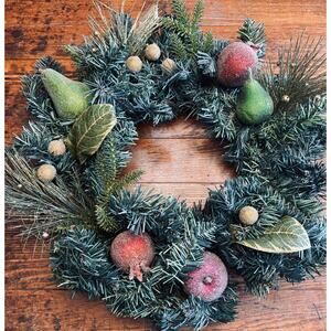 Handmade 19” Wreath: Pears, Apples, Fruit, Gold Baubles Wire Back